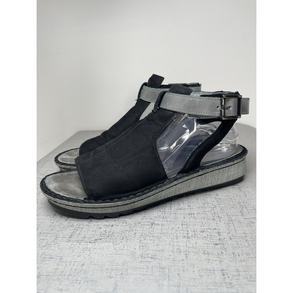 Naot Verbena Black Leather Ankle Strap  Wedge Sandals Womens 41 / US 10